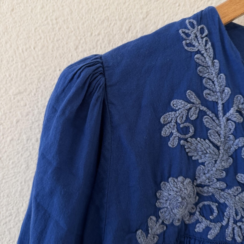 Emerson Fry India Embroidered Tunic Top Womens M/L Blue Organic Cotton Boho - Picture 3 of 10